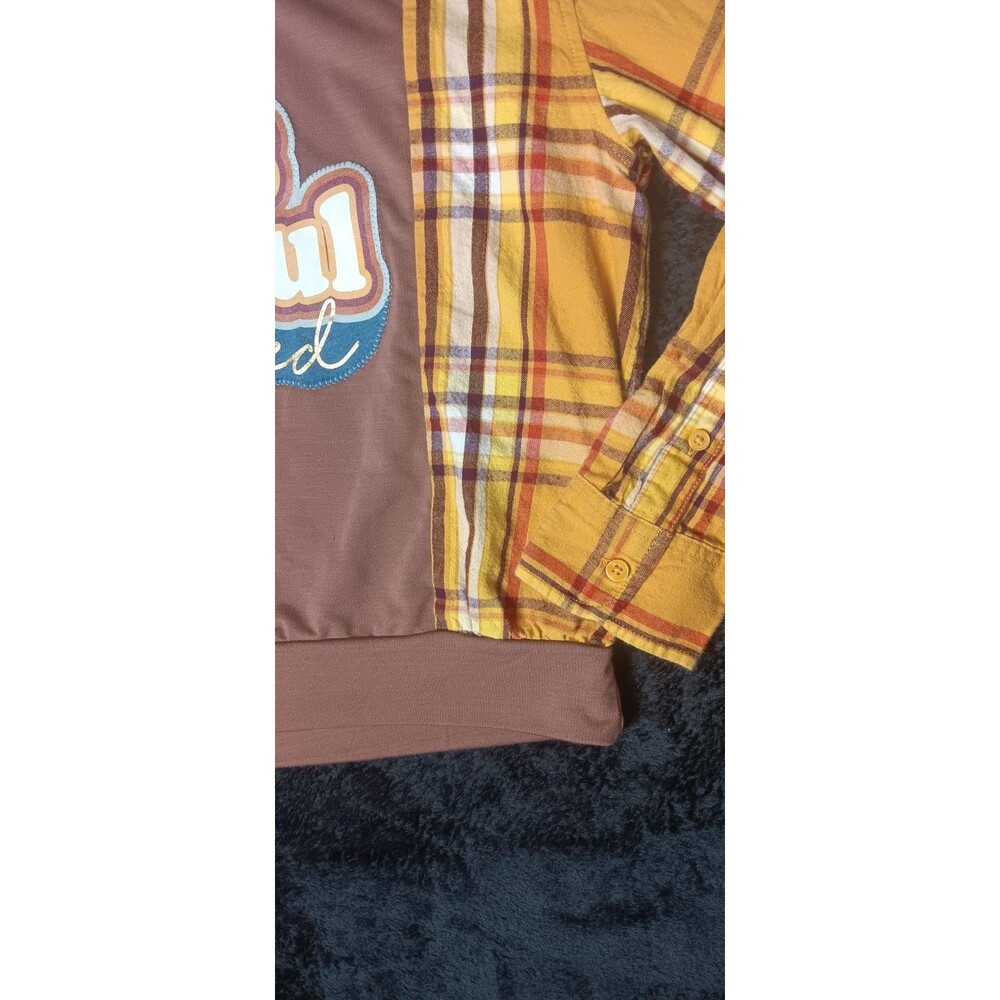 Avia  Plaid Mixed Media Long Sleeve Sweatshirt S Yellow Upcycled Patchwork Boho - Picture 8 of 13